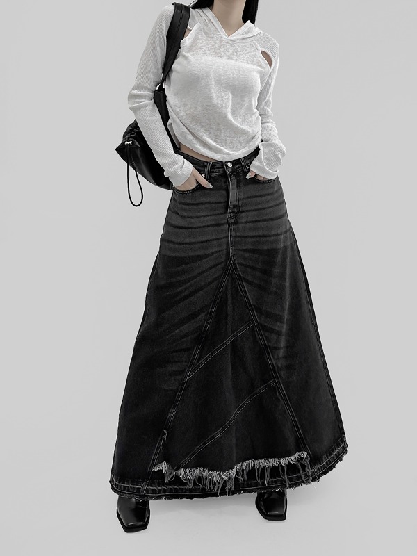 プラ デニム ロングスカート (2color)